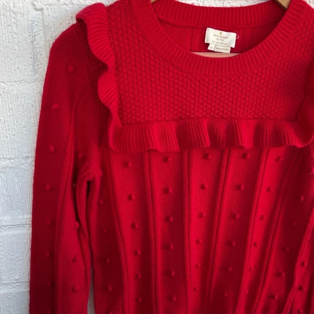 Kate Spade Wool RuffleYoke Textured Vibrant Red Sweater sz XS